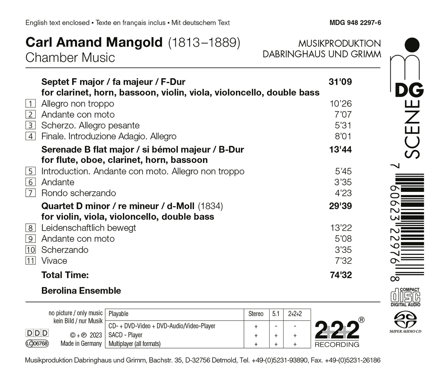 Mangold: Septet; Serenade; Quartet