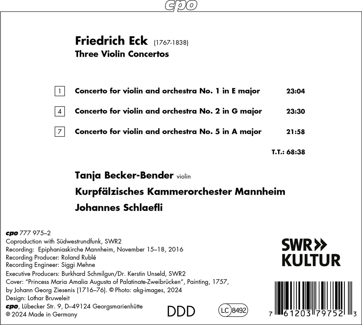Eck: Three Violin Concertos  Tanja Becker-Bender, Kurpfalzisches Kammerorchester Mannheim
