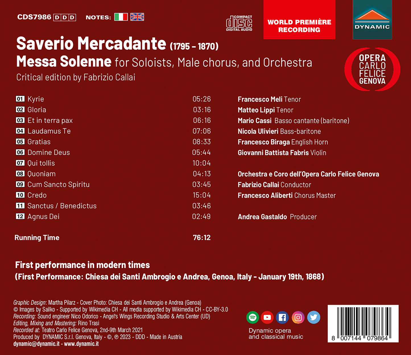Mercadante: Messa Solenne For Soloists, Male Chorus & Orches