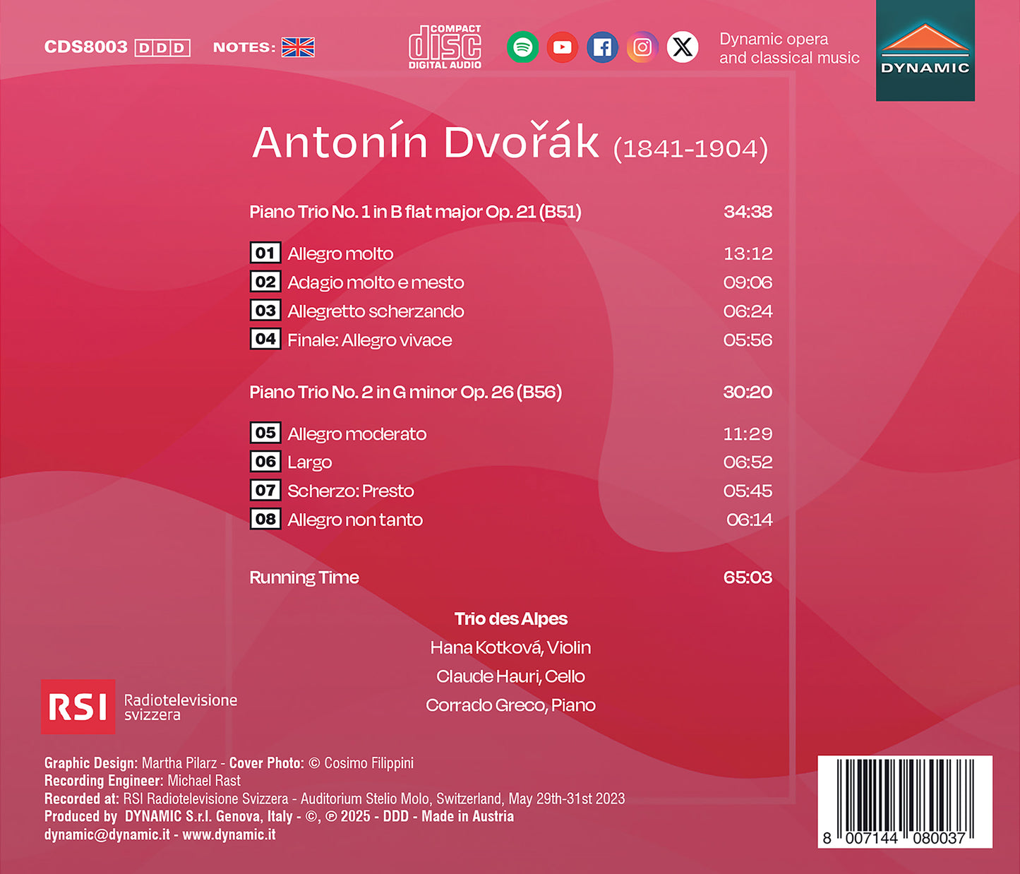 Dvorak: Piano Trio No. 1 in B flat major, Op. 21 (B51); Pian