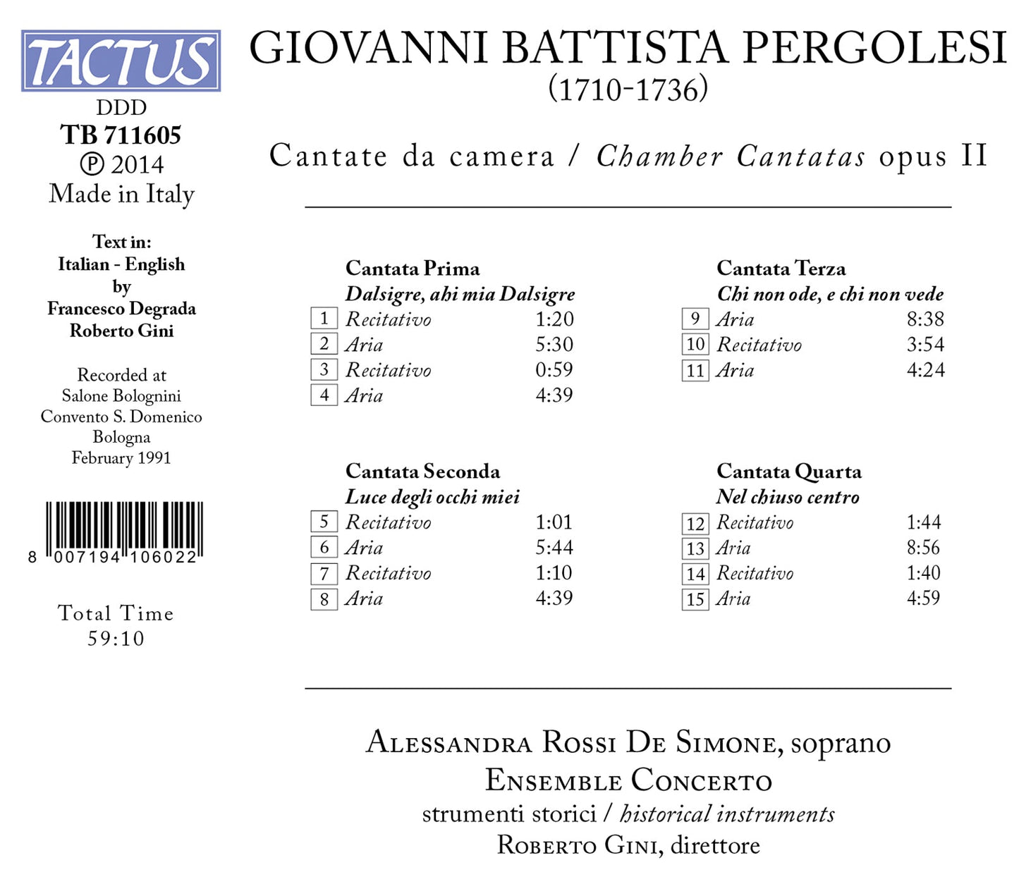 Pergolesi: Cantate da camera, Op. 2 / Ensemble Concerto