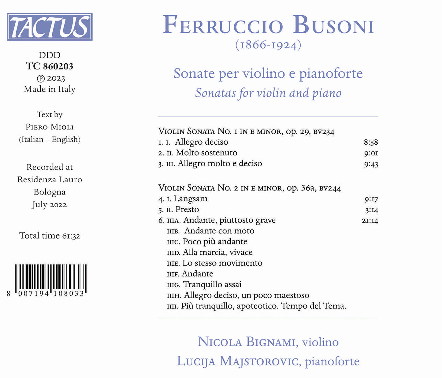 Busoni: Sonate Per Violino E Pianoforte