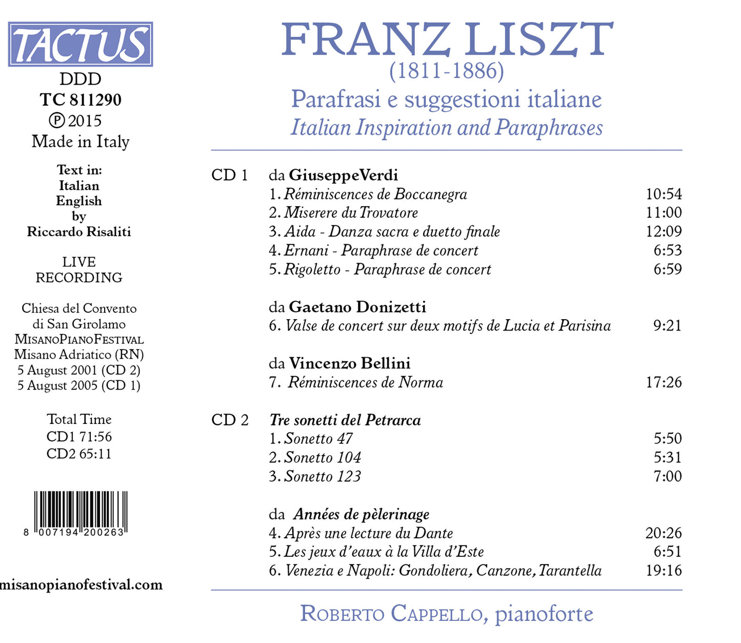 Liszt: Italian Inspiration & Paraphrases / Cappello