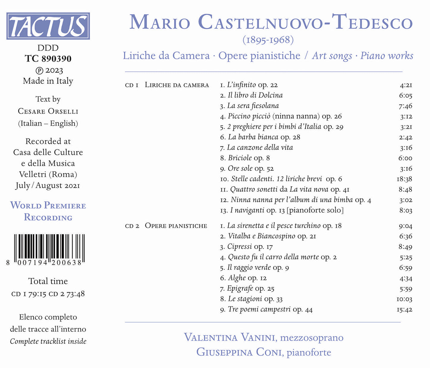 Castenuovo-Tedesco: Liriche da Camera; Opere pianistiche