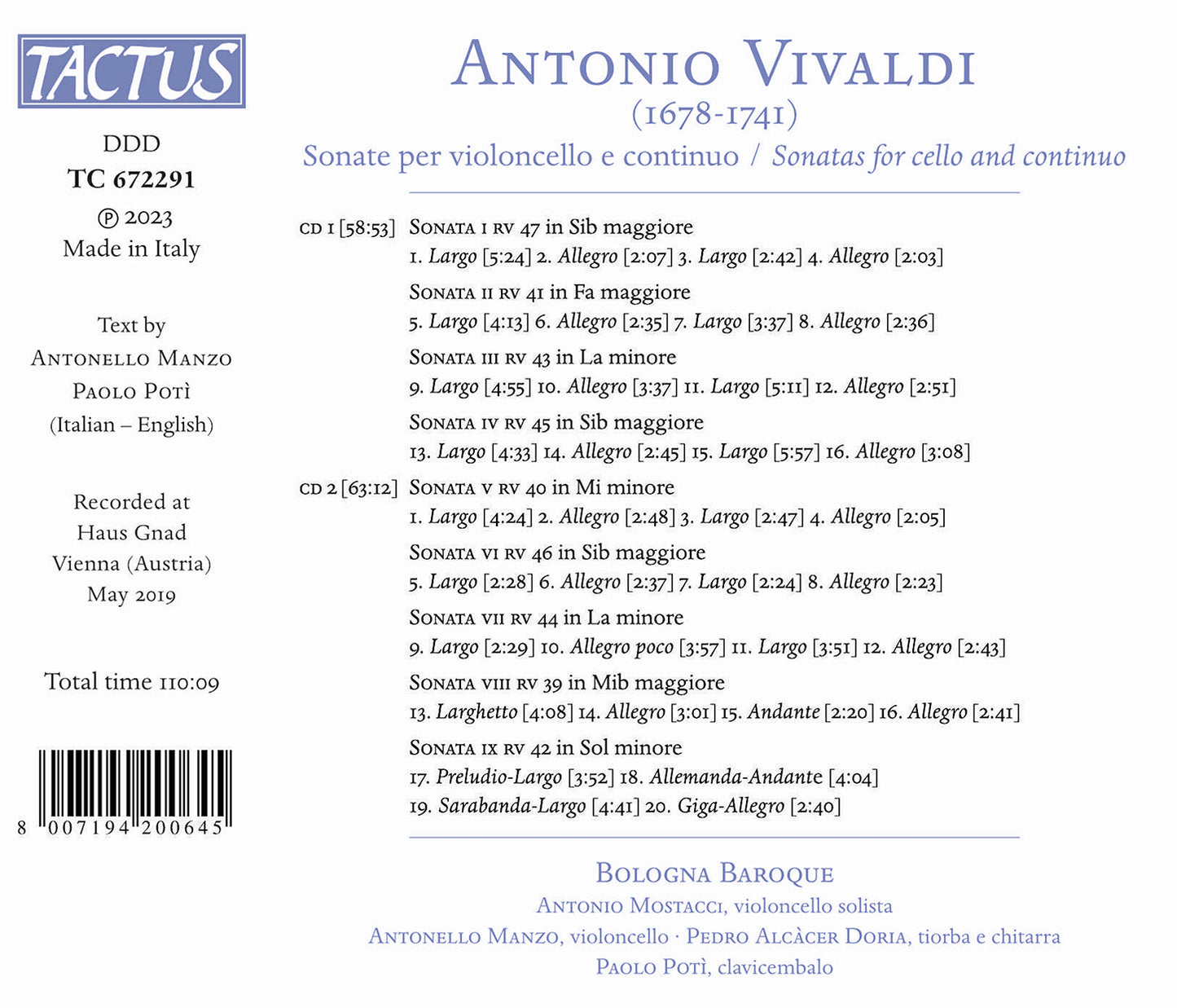 Vivaldi: Sonatas For Cello & Continuo