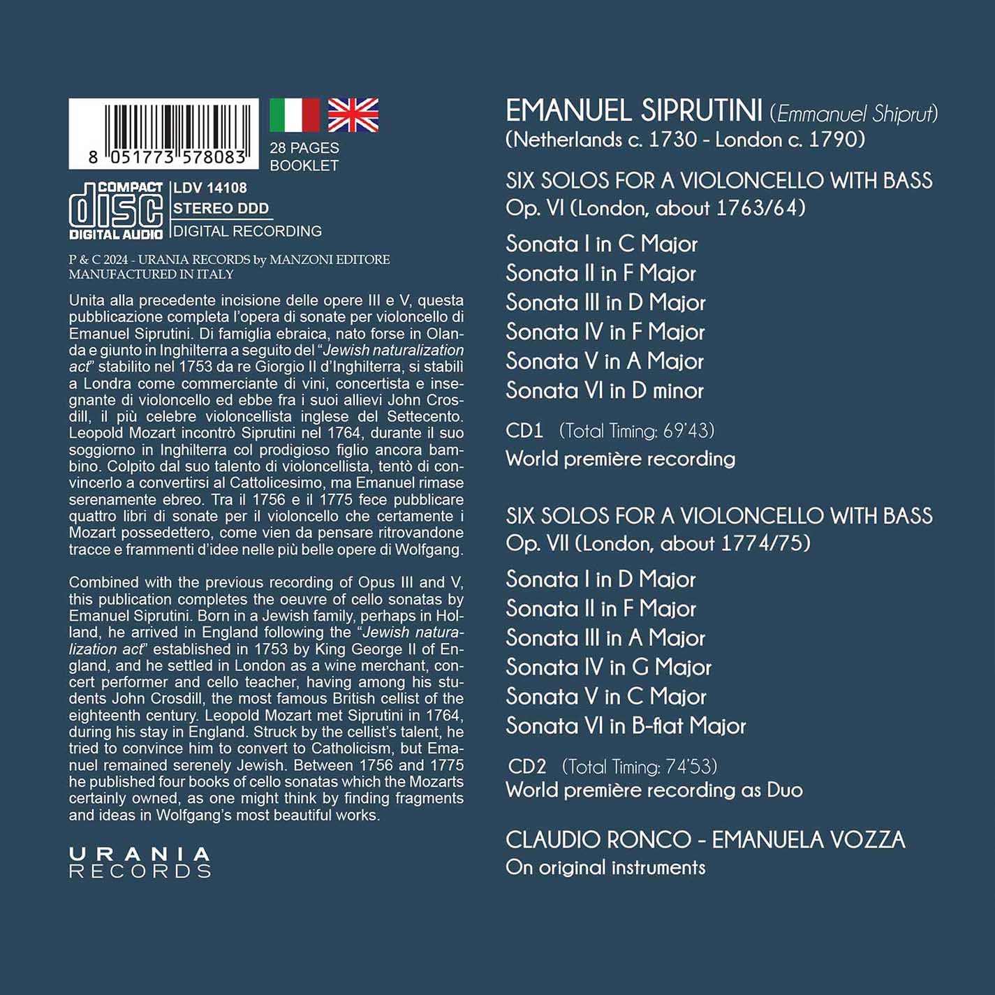Siprutini: Cello Sonatas, Op. 6 & 7  Claudio Ronco, Emanuela Vozza