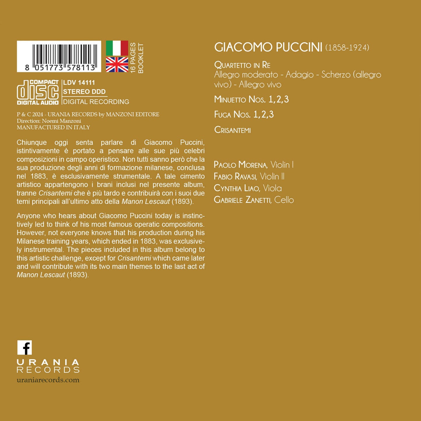 Puccini: The Complete Works For String Quartet  Paolo Morena, Fabio Ravasi, Cynthia Liao, Gabriele Zanetti