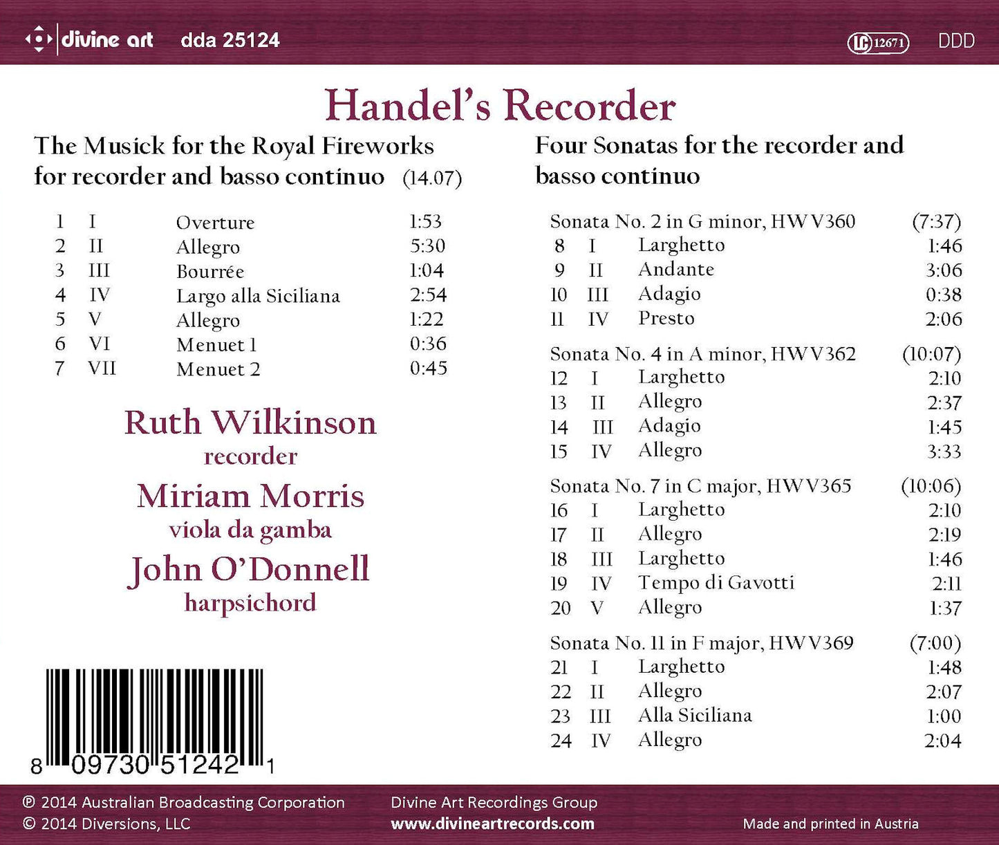 Handel's Recorder / Wilkinson, O'Donnell, Morris