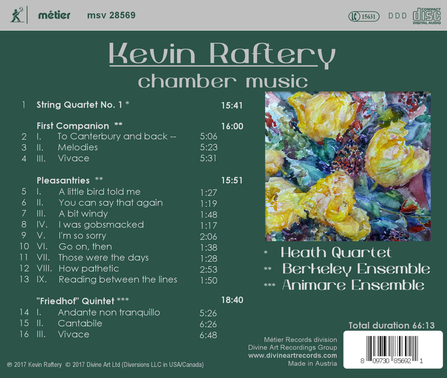 Raftery: Chamber Works / Heath Quartet, Berkeley Ensemble, Animare Ensemble