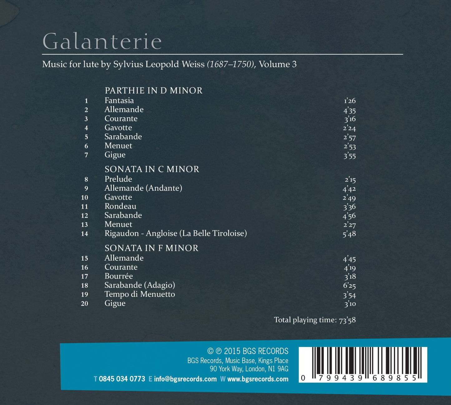 Galanterie: Music for lute by Sylvius Leopold Weiss, Vol. 3
