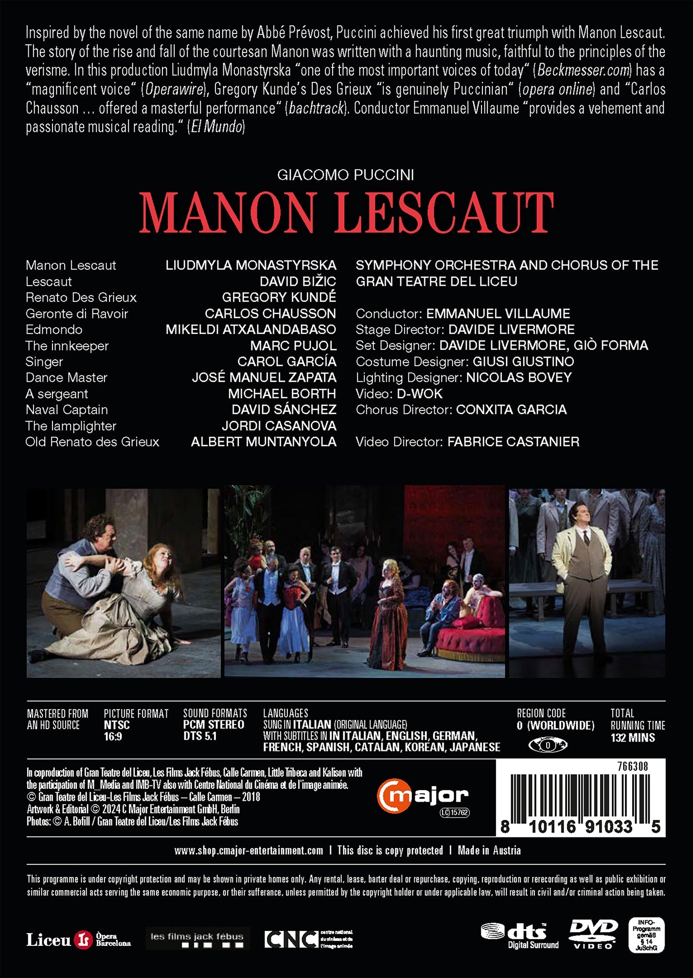 Puccini: Manon Lescaut  Carlos Chausson, Chorus Of The Gran Teatre Del Liceu, David Bizic, Davide Livermore, Emmanuel Villau DVD