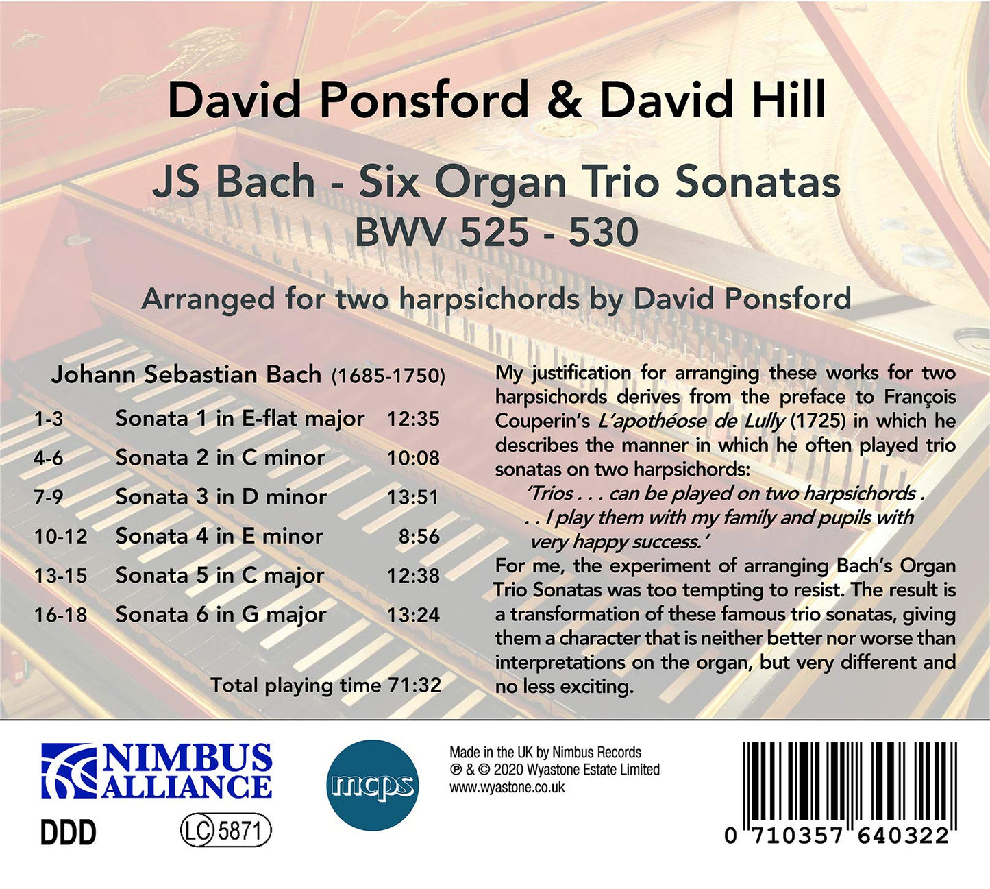 Bach: Trio Sonatas, BWV 525-530 for two harpsichords