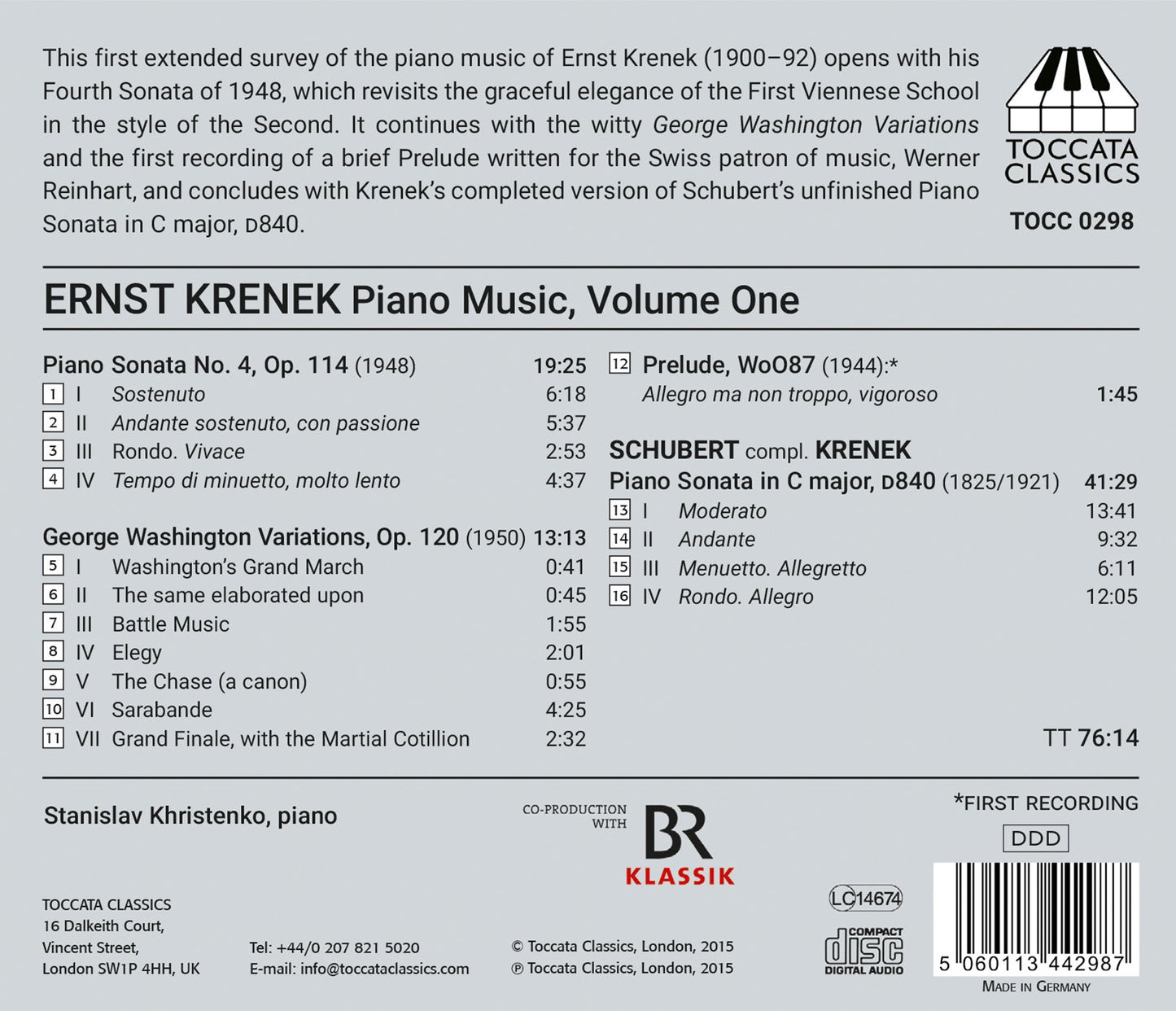 Krenek: Piano Music, Vol. 1