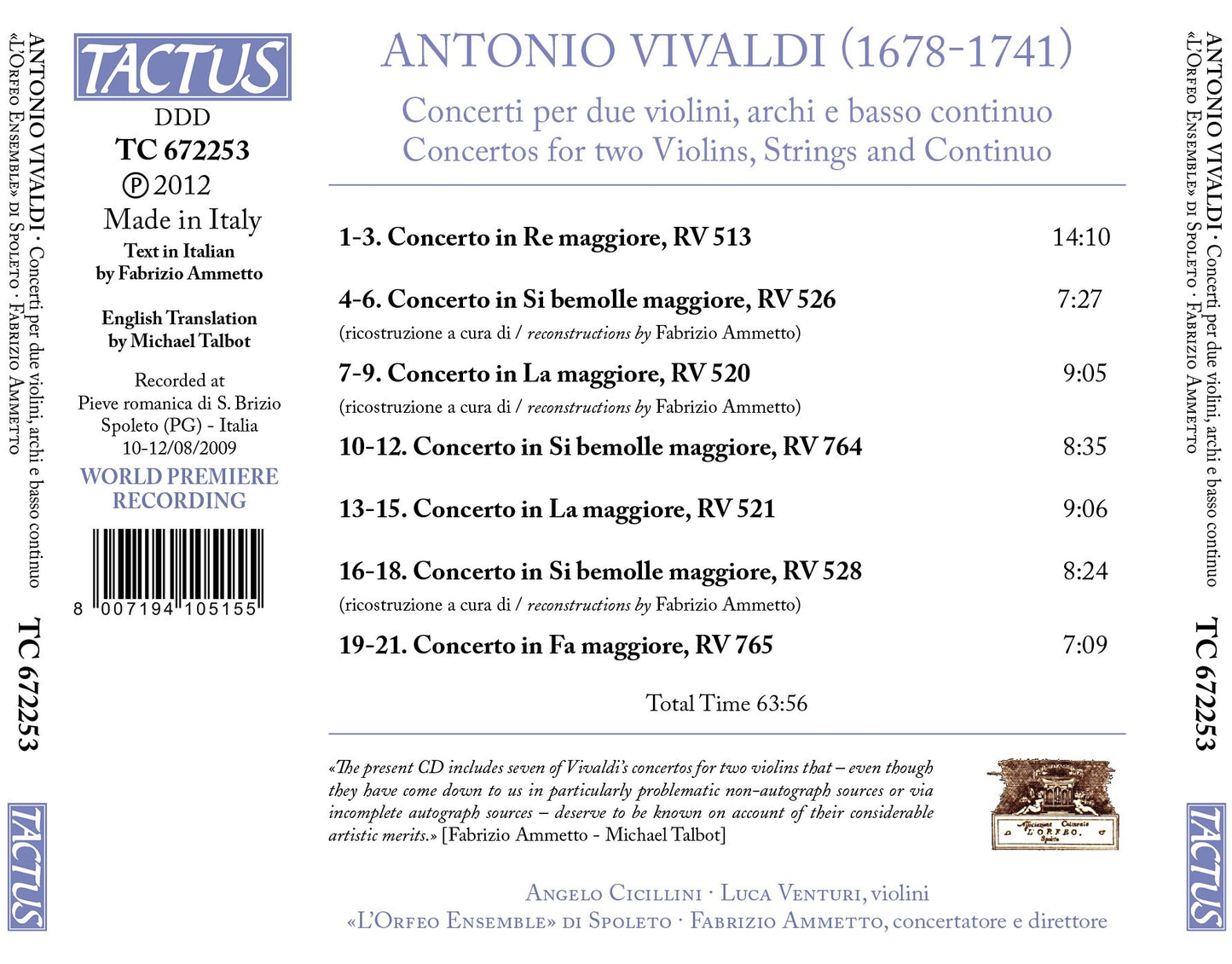 Vivaldi: Concerto per 2 violini, archi & basso continuo