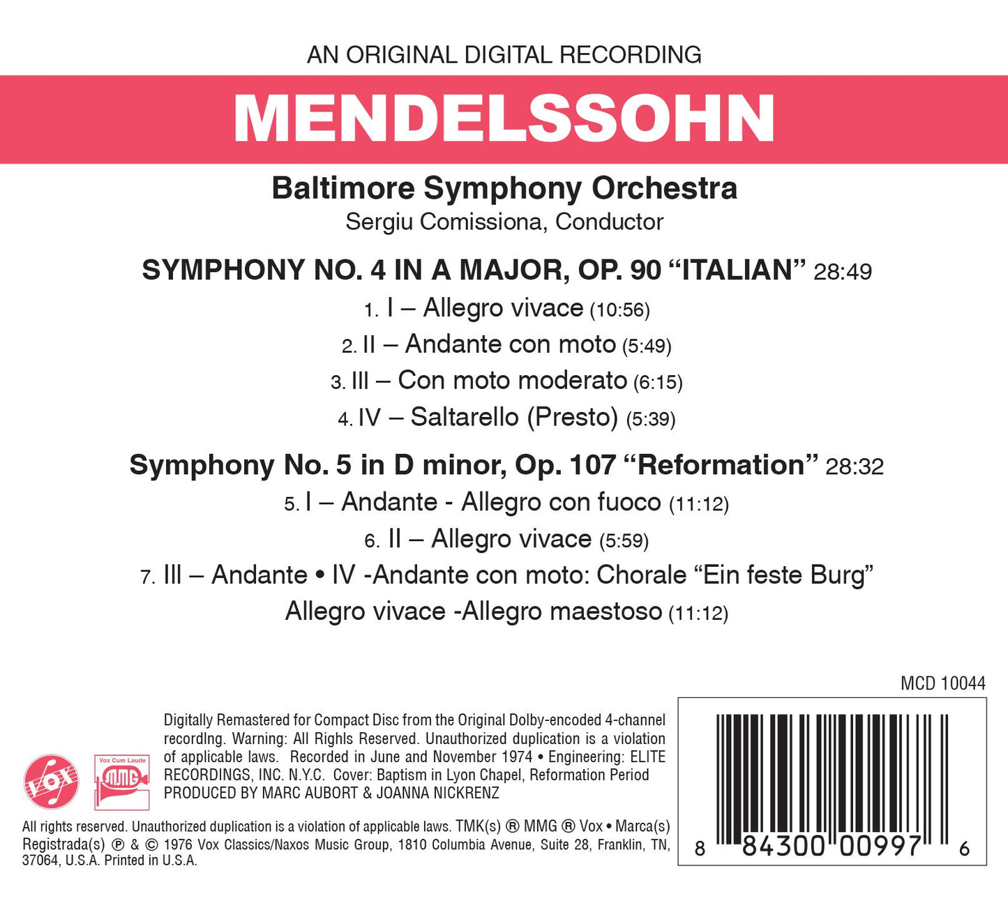 Mendelssohn: Symphony No. 4 in A Major "Italian" & Symphony