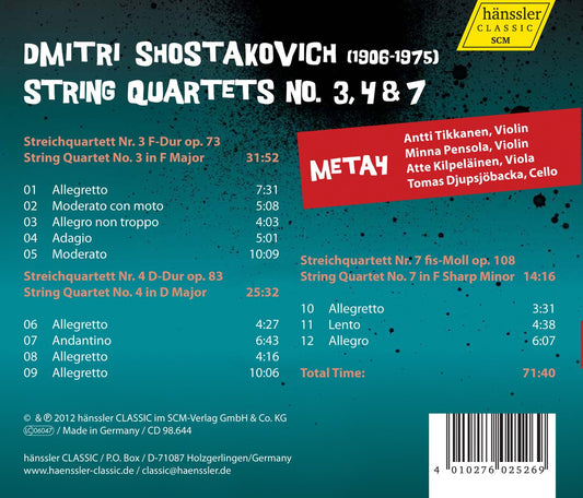 Shostakovich: String Quartets Nos. 3, 4 & 7