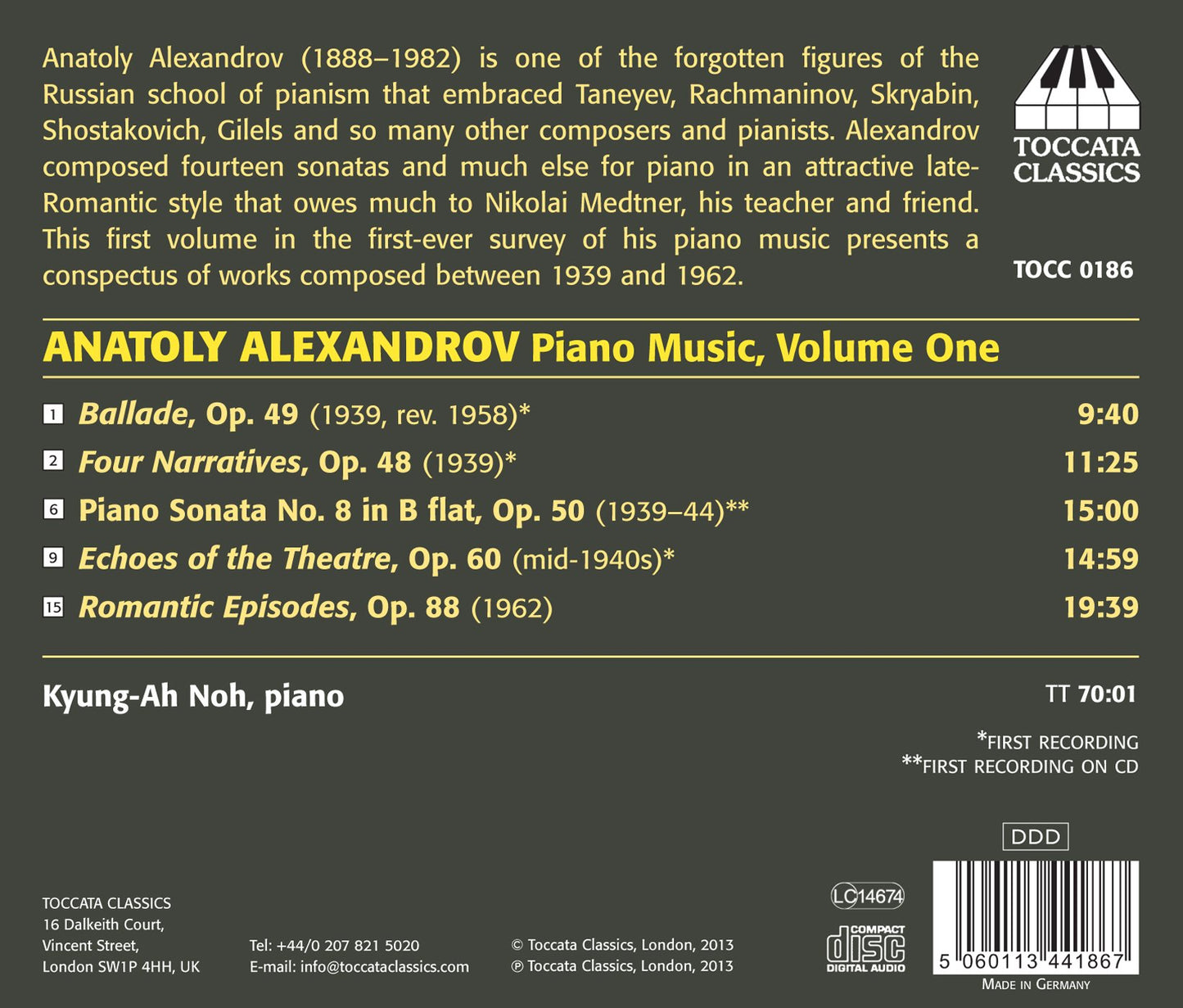 Alexandrov: Piano Music, Vol. 1