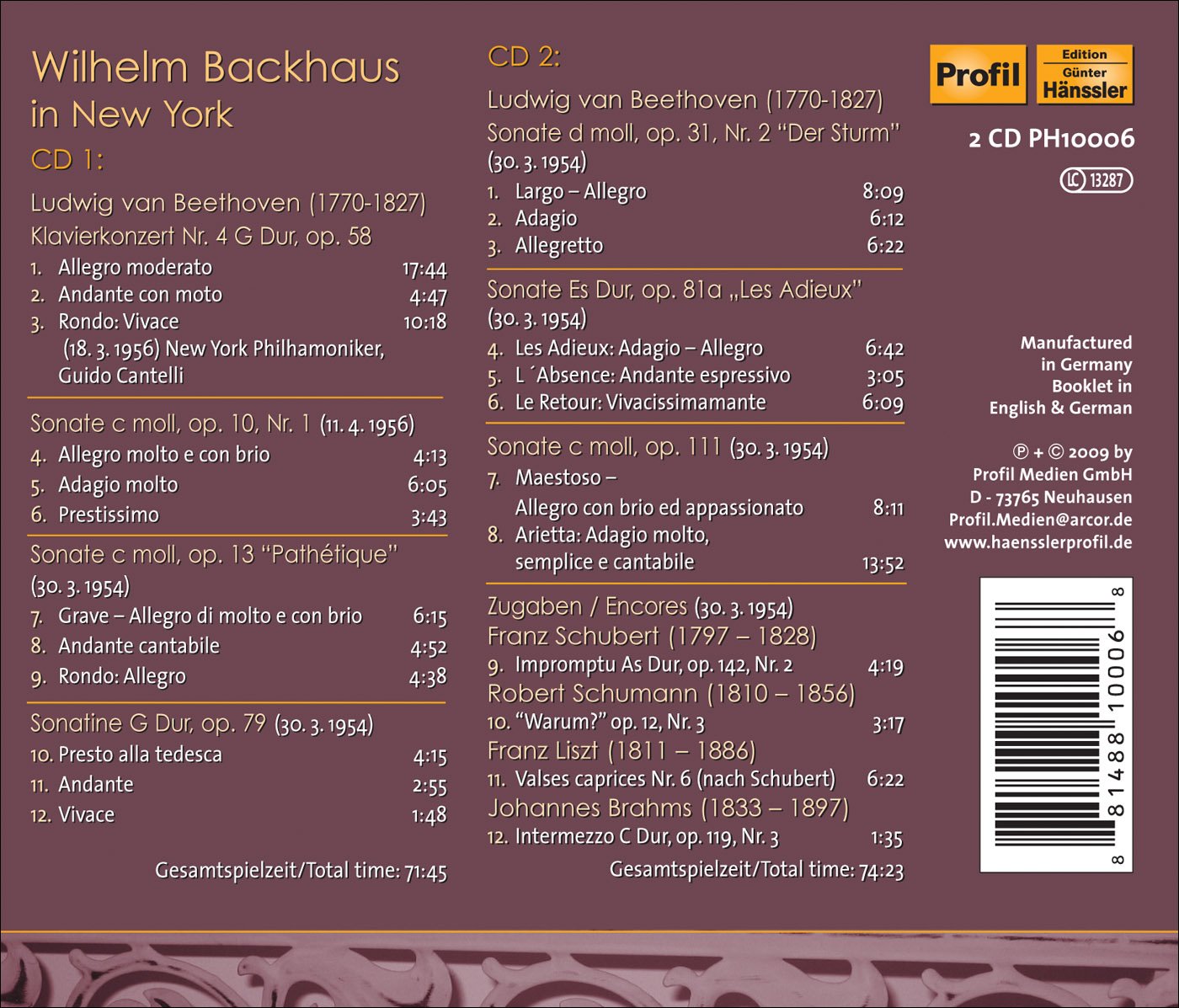 Backhaus, Wilhelm: Live recordings from Carnegie Hall (New Y