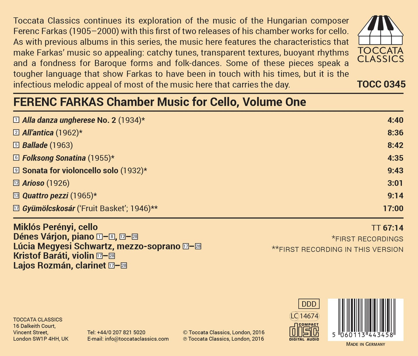 Ferenc Farkas: Complete Chamber Music for Cello, Vol. 1