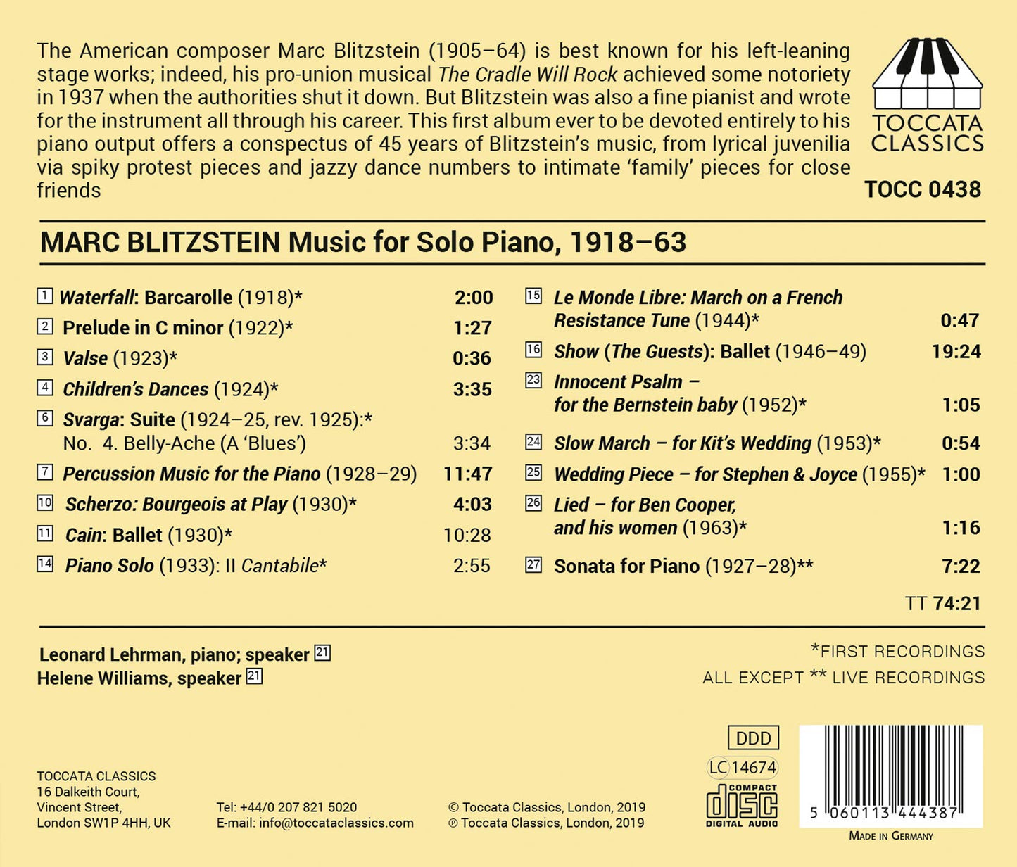 Blitzstein: Music for Solo Piano, 1918-1963