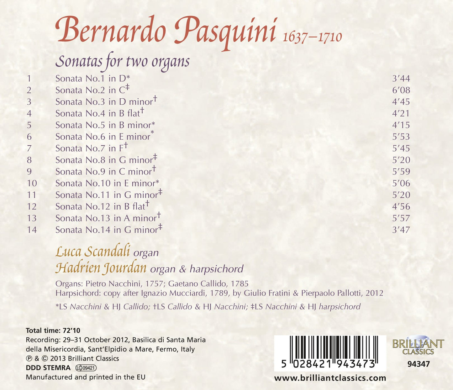 Pasquini: Sonatas for 2 Organs