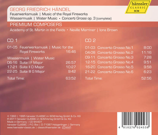 Handel: Feuerwerkmusik, Wassermusik & Concerti grossi, Op. 3