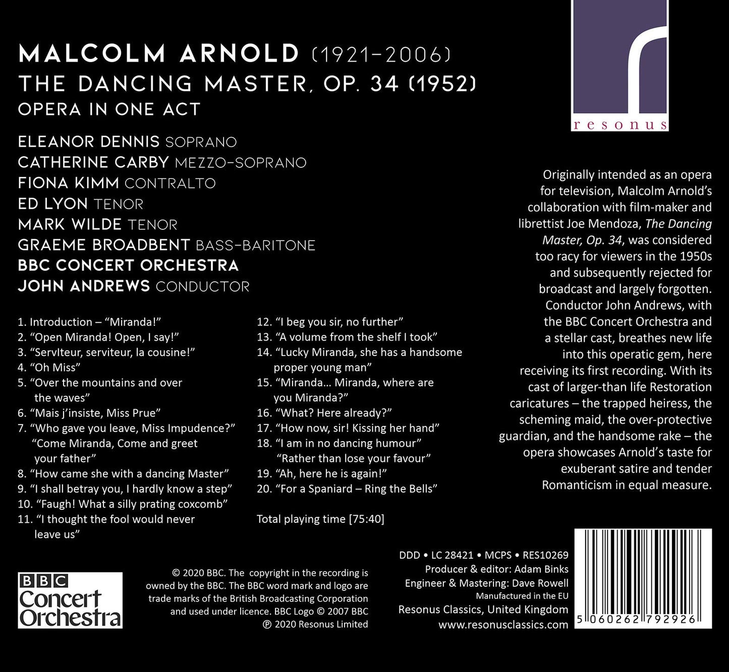 Malcolm Arnold: The Dancing Master, Op. 34