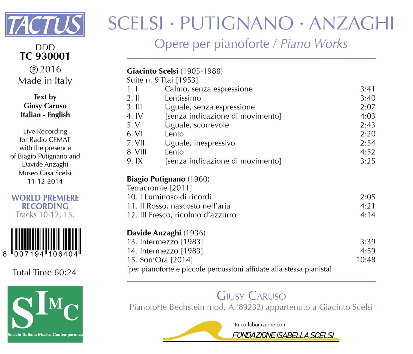 Scelsi, Putignano & Anzahgi: Piano Works