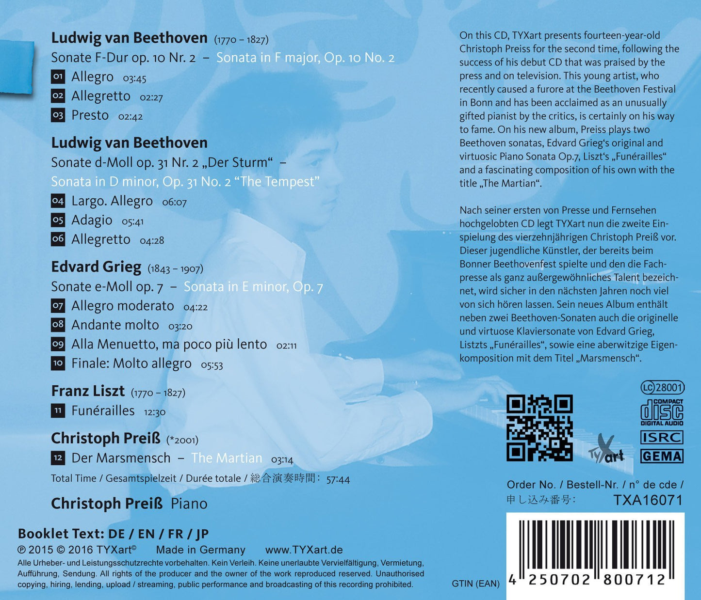 Beethoven, Grieg, Liszt & Christoph Preiß: Piano Works