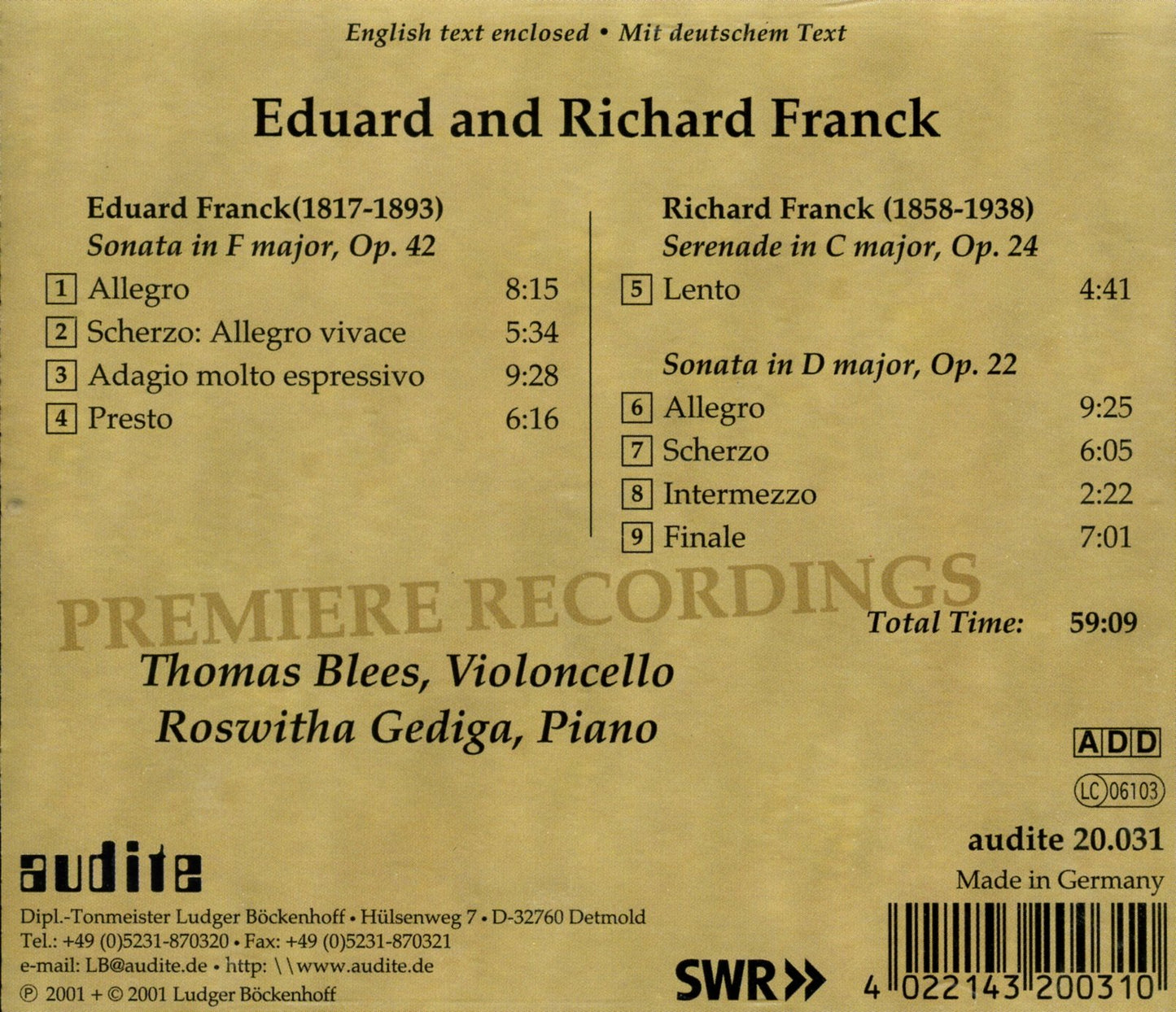 WORKS FOR VIOLONCELLO & PIANO