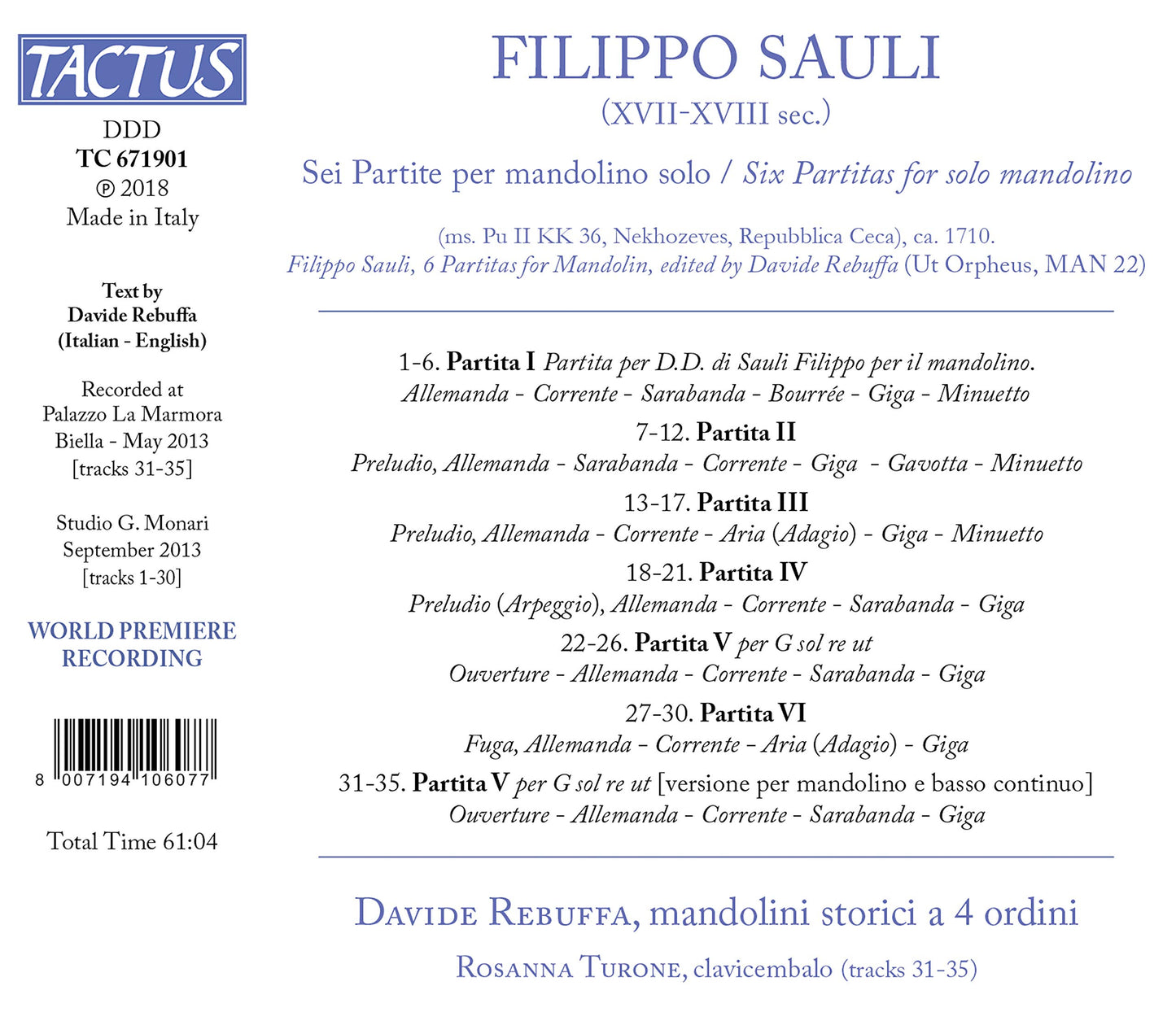 Sauli: Sei Partite per mandolino solo