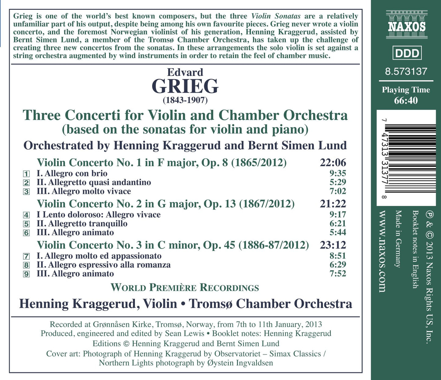 Grieg: 3 Concerti for Violin & Chamber Orchestra based on th
