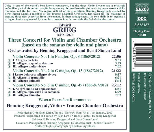 Grieg: 3 Concerti for Violin & Chamber Orchestra based on th