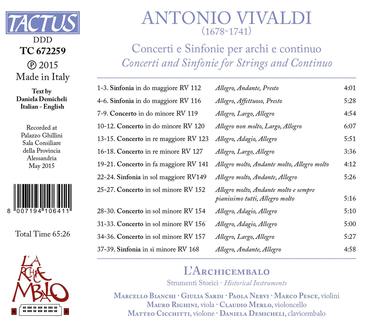 Vivaldi: Concerti e Sinfonie per archi e continuo