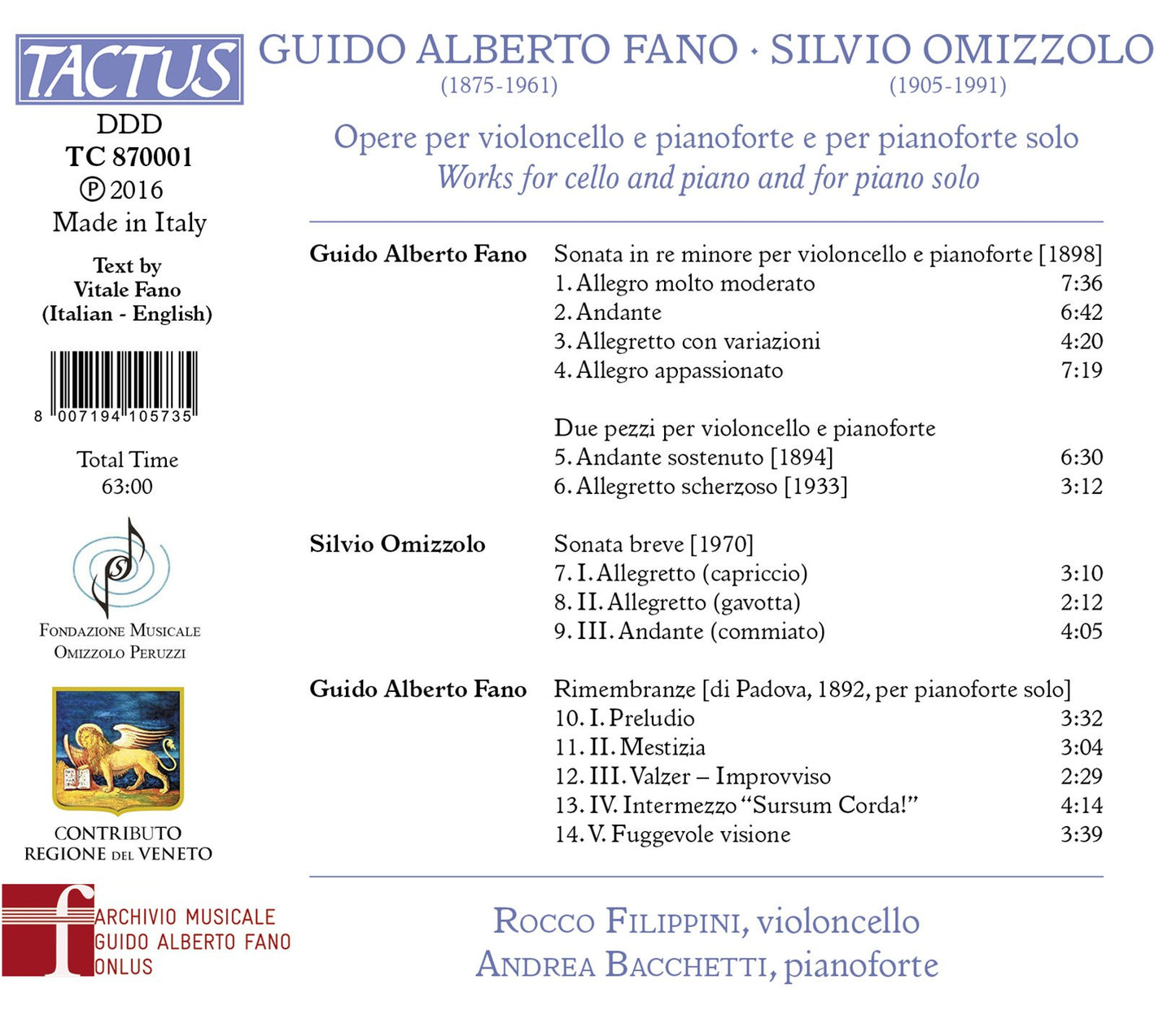Fano & Omizzolo: Works for Cello & Piano