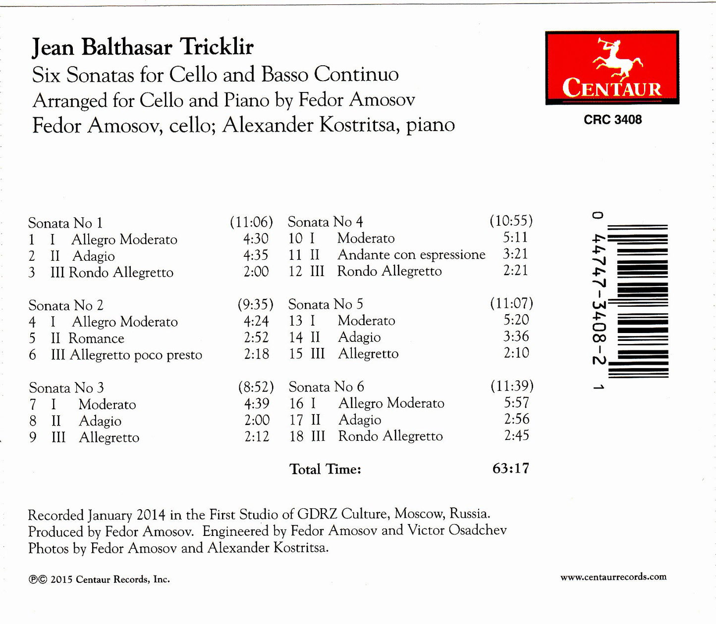 Tricklir: 6 Sonatas for Cello & Basso Continuo (Arr. for Cel