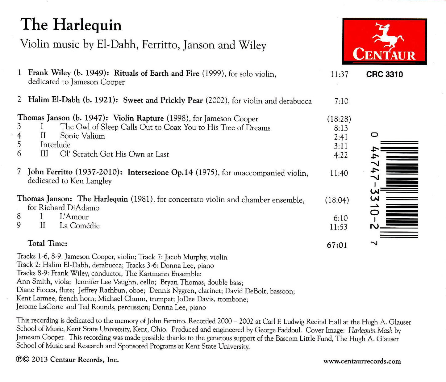 The Harlequin: Violin Music by El-Dabh, Ferritto, Janson and