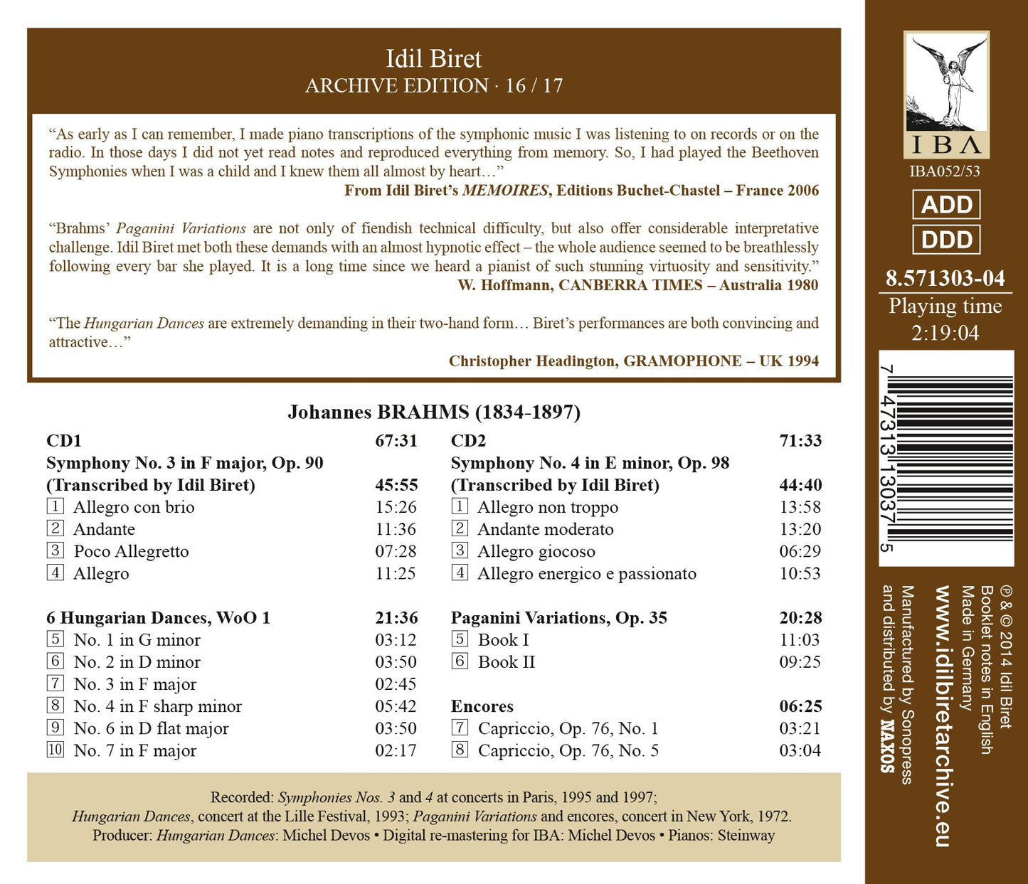 Idil Biret Archive Edition, Vol. 16: Johannes Brahms