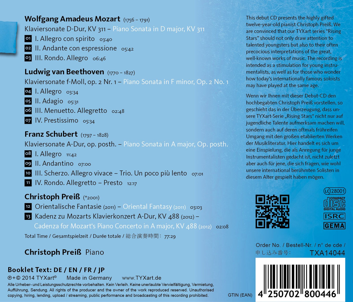 Mozart, Beethoven, Schubert & Preiß: Piano Works