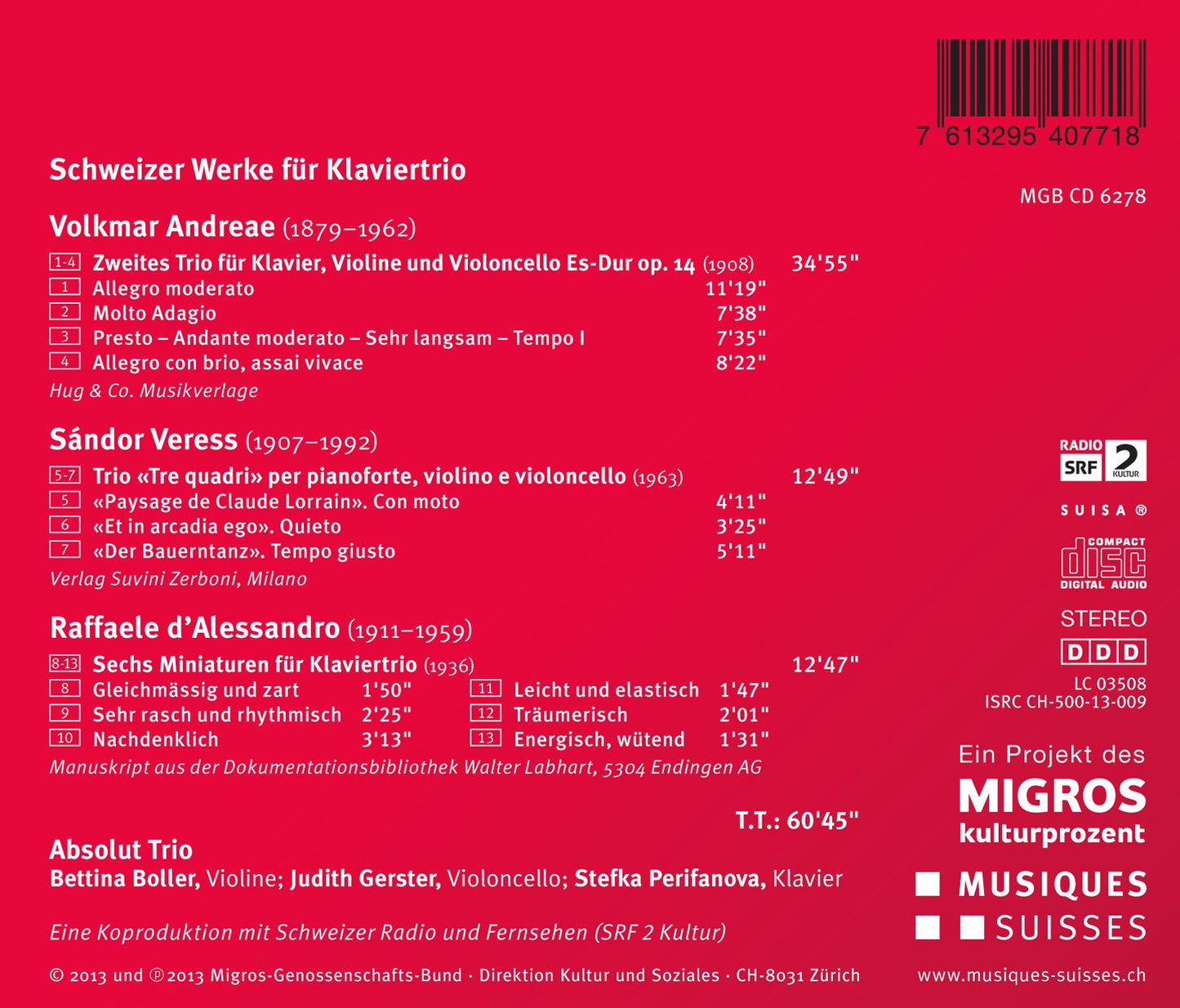 Andreae, Veress & D'Alessandro: Piano Trios