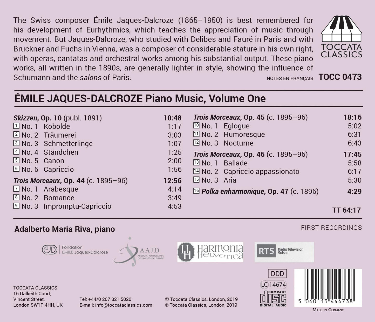 Jaques-Dalcroze: Piano Music, Vol. 1