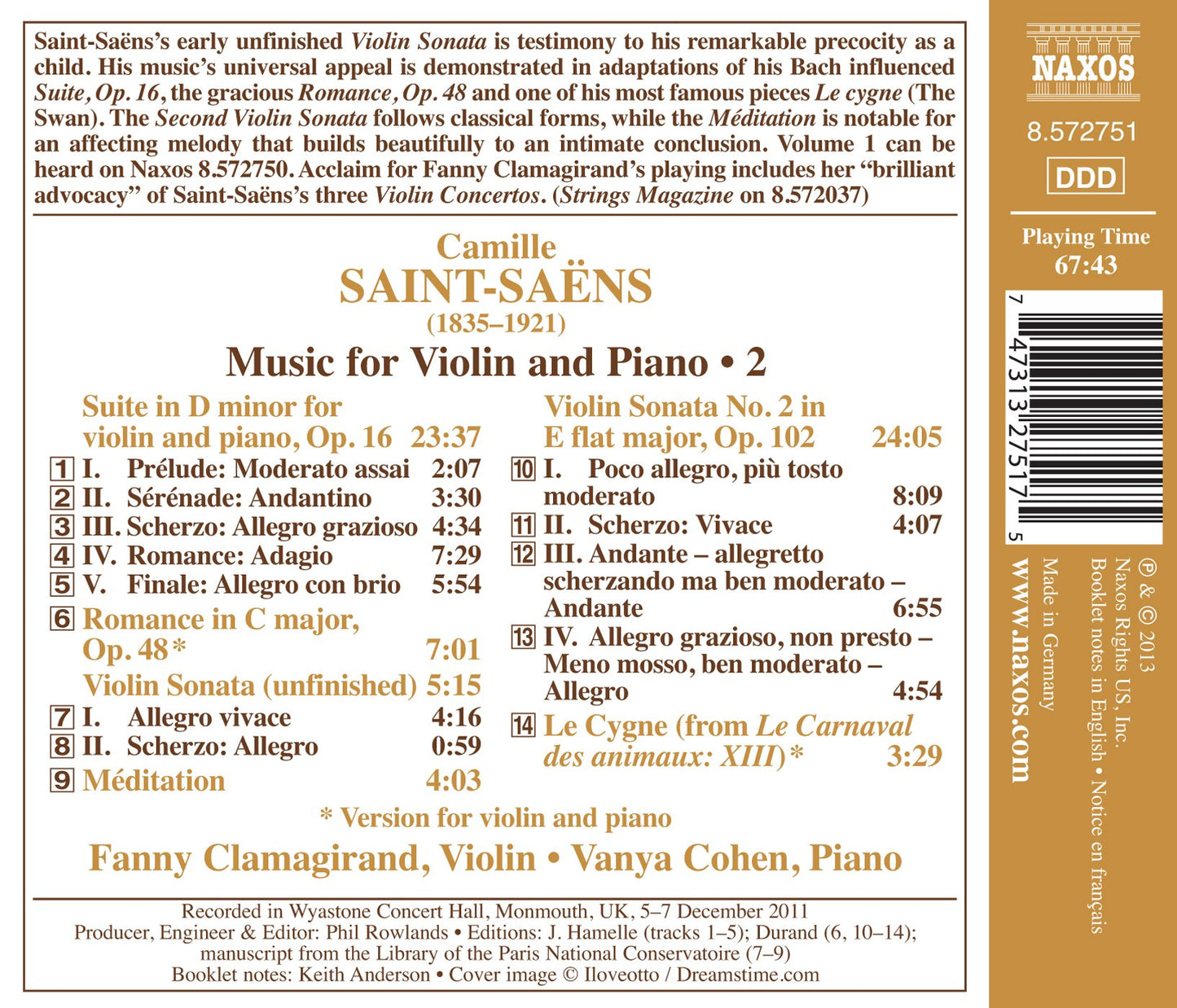 Saint-Saëns: Music for Violin and Piano, Vol. 2