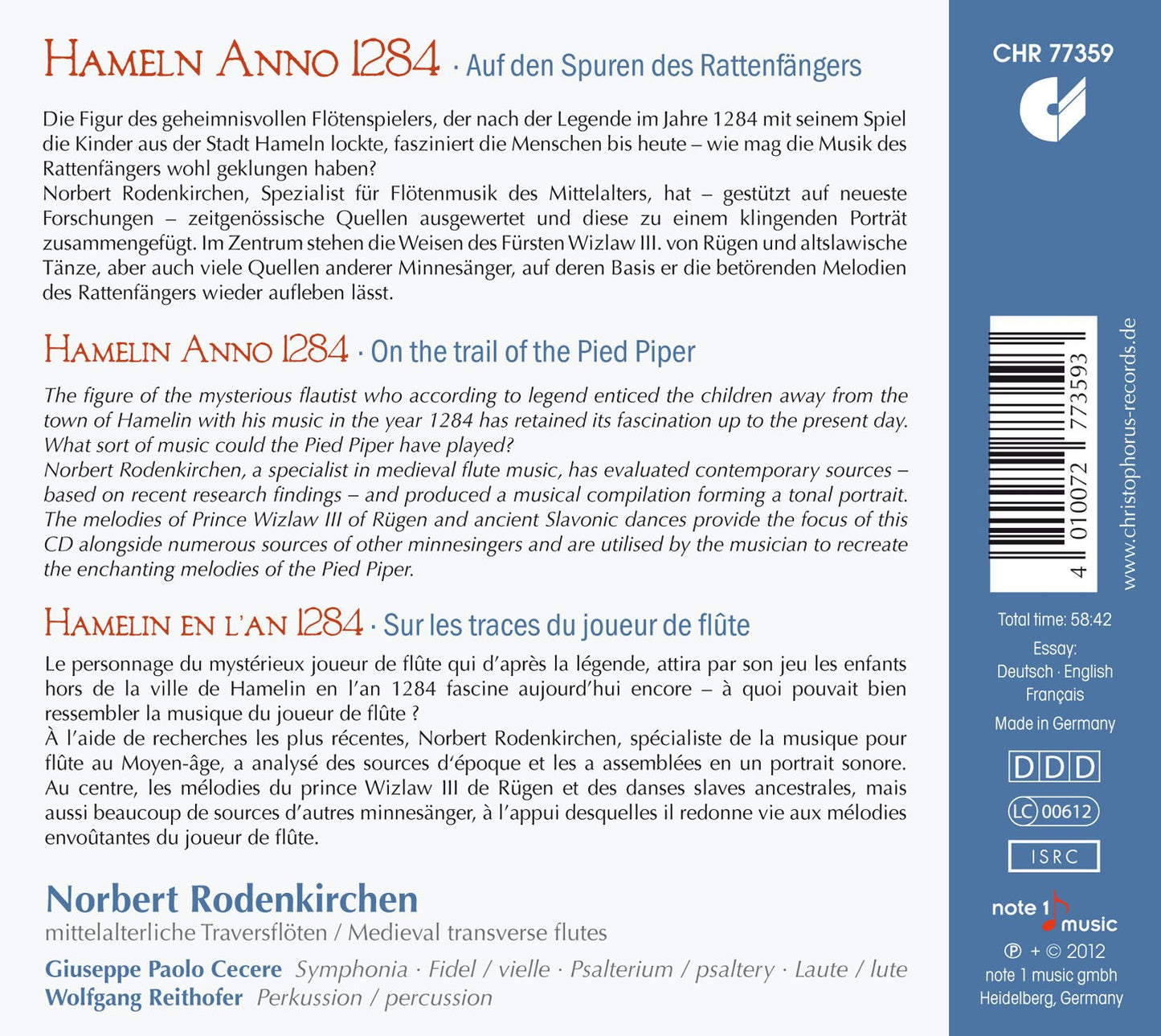 Hameln Anno 1284: Medieval Flute Music On The Trail Of The P