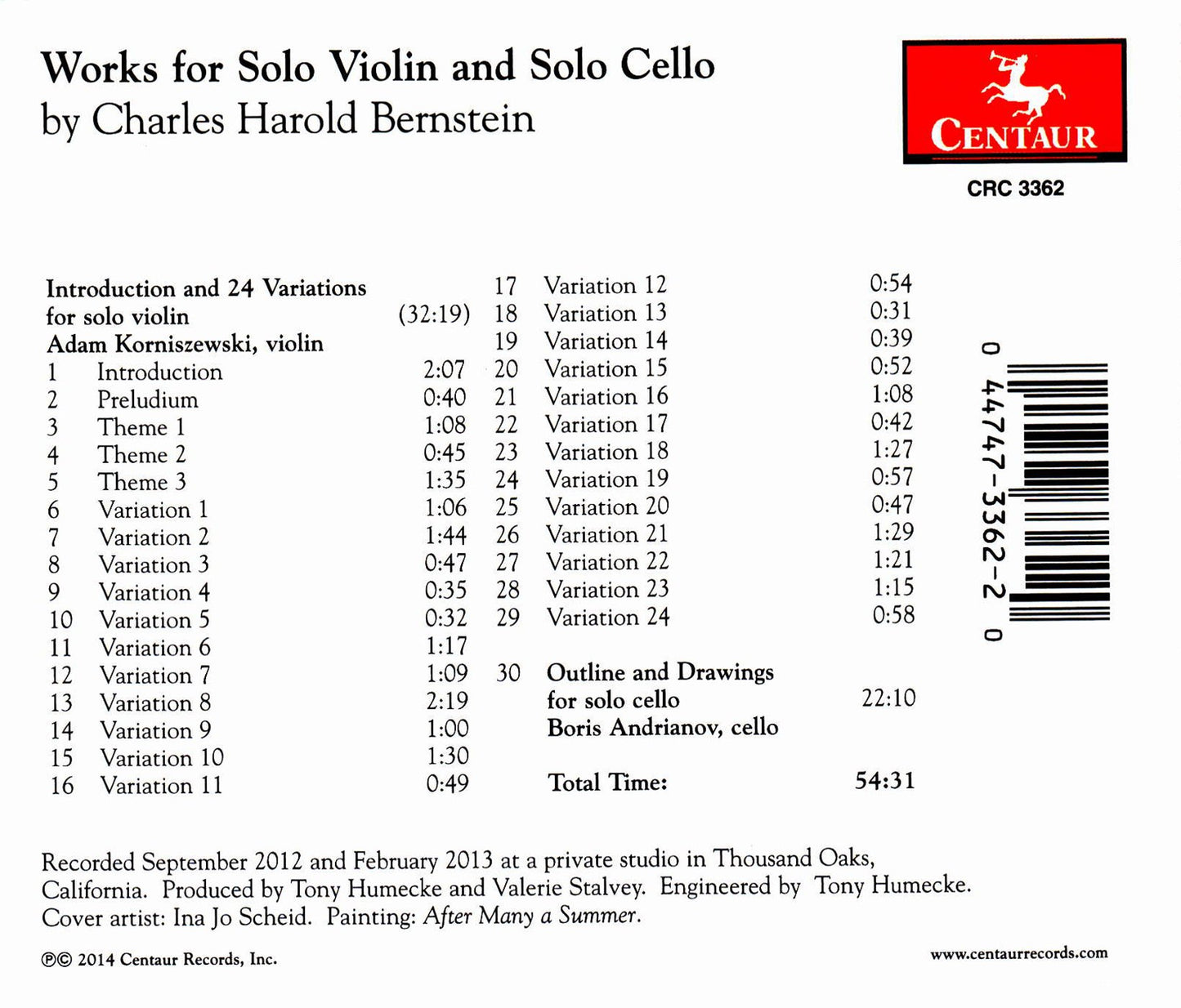 Charles Harold Bernstein: Works for Solo Violin & Solo Cello