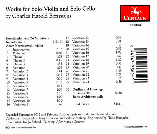 Charles Harold Bernstein: Works for Solo Violin & Solo Cello