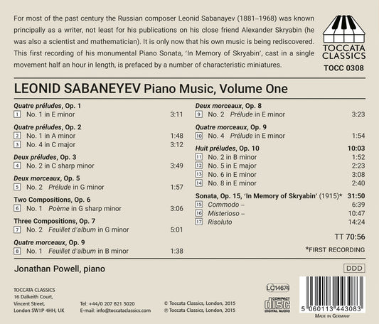 Sabaneyev: Piano Music, Vol. 1