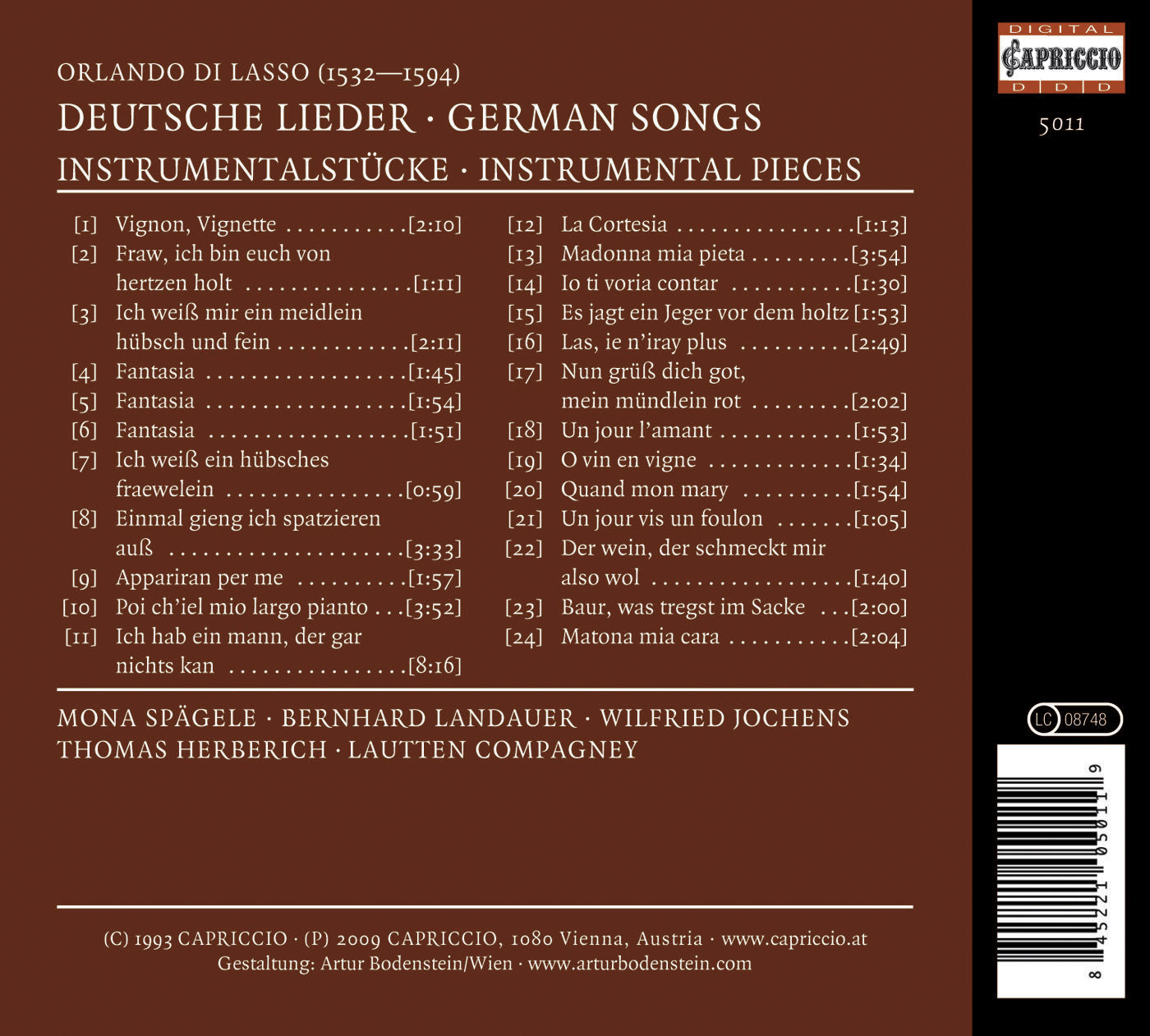Lasso, O. Di: German Songs and Instrumental Music