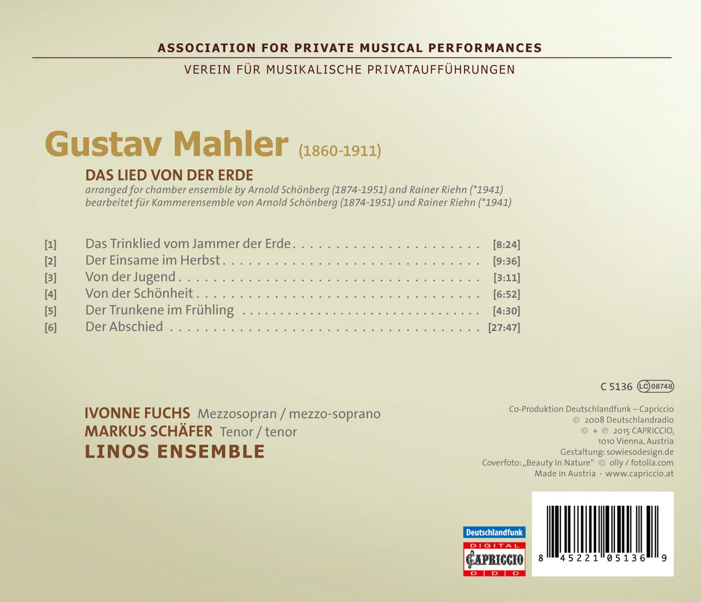 Mahler: Das Lied von der Erde (Arr. A. Schoenberg & R. Riehn