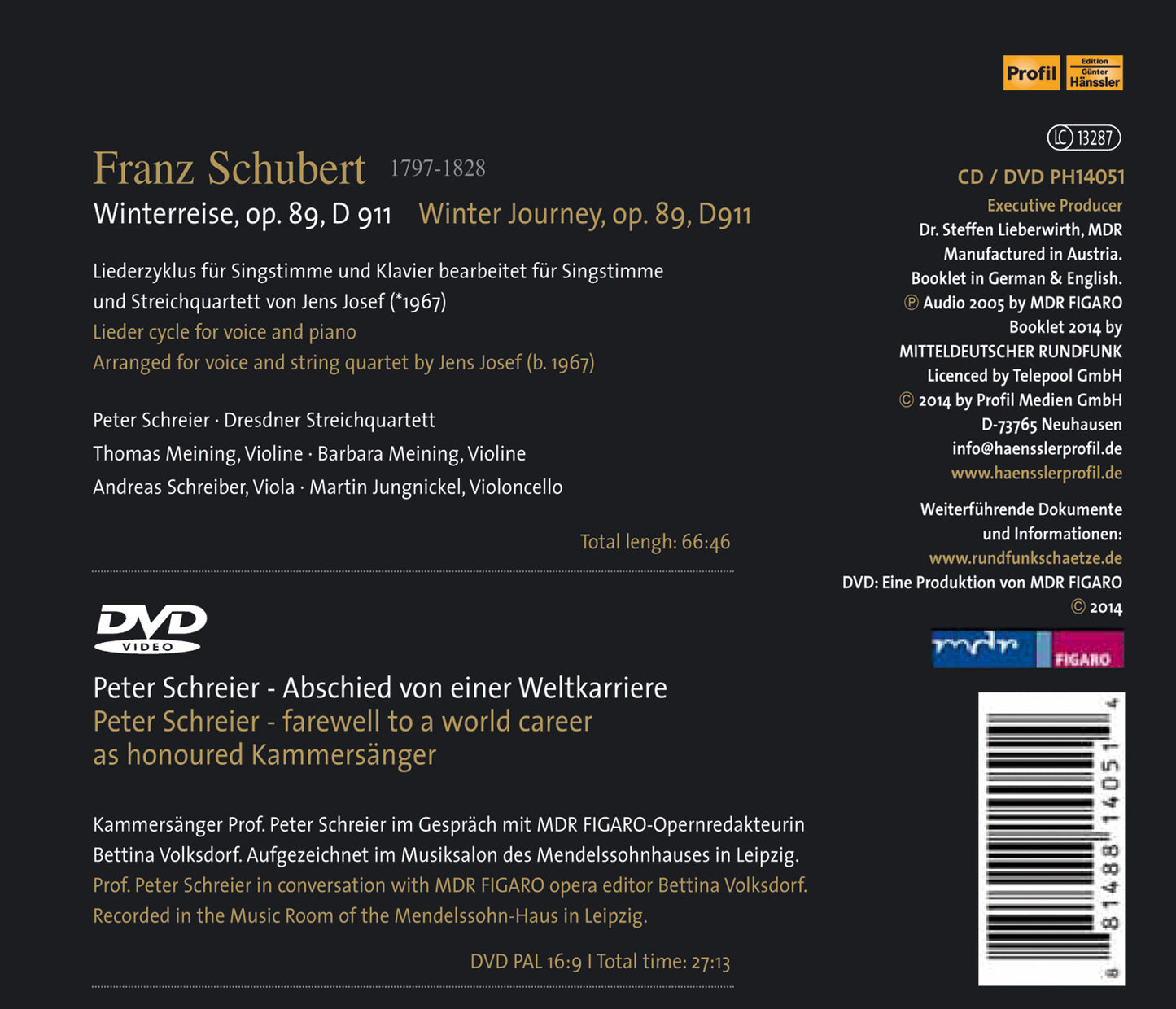 Schubert: Winterreise [Version for Voice & String Quartet] / Dresden String Quartet