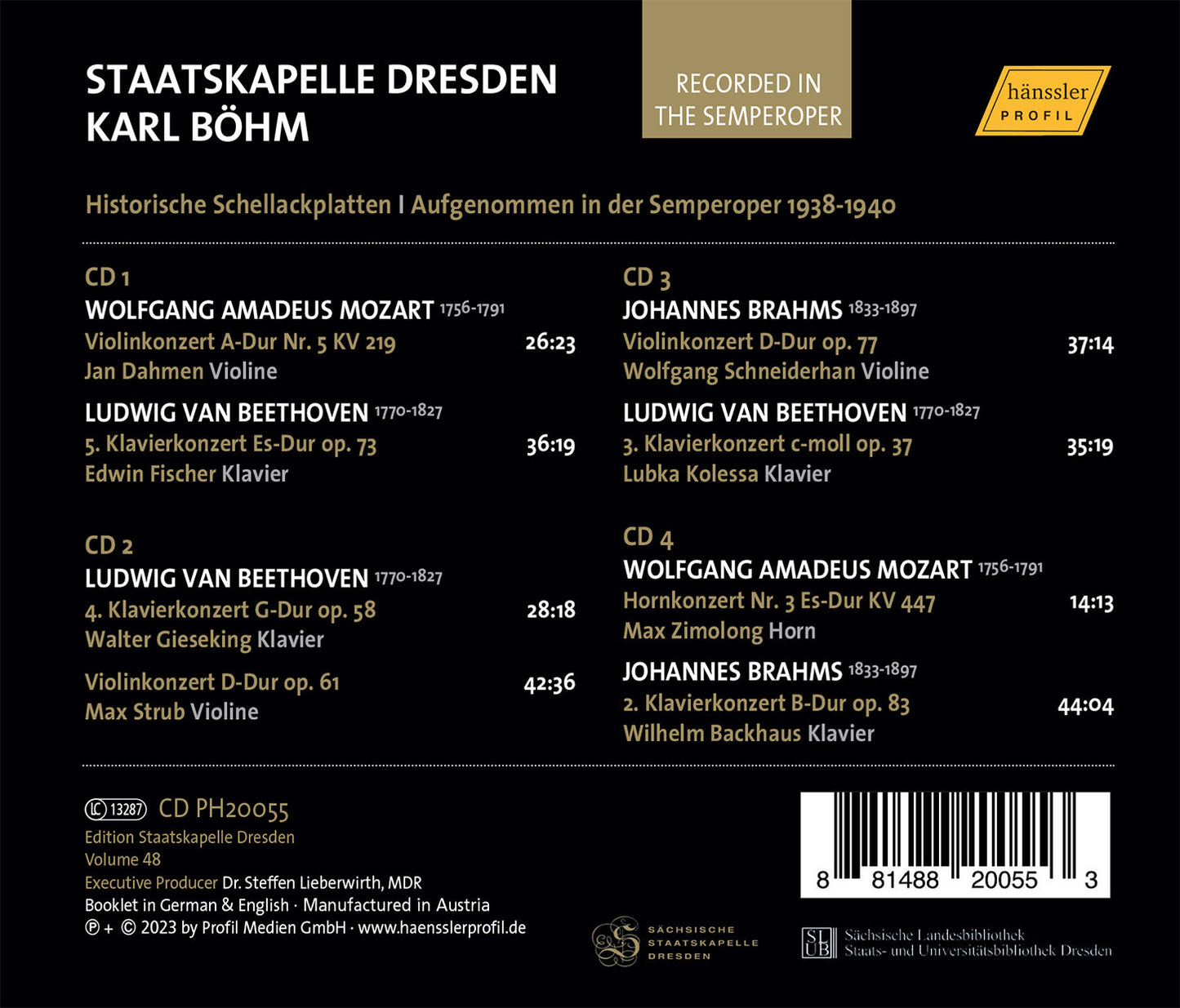 Edition Staatskapelle Dresden, Vol. 48 - Instrumentalkonzert  Jan Dahmen, Edwin Fischer, Wolfgang Schneiderhahn, Lubka Kolessa, Max Zimolong, Wilhelm Backhaus, Ma